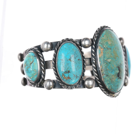 6.25" Sturdy Vintage Native American sterling turquoise graduated row cuff bracelet