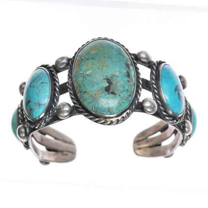 6.25" Sturdy Vintage Native American sterling turquoise graduated row cuff bracelet