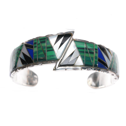 6 3/8" Sterling, Lapis, Malachite, shell channel inlay cuff bracelet