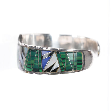 6 3/8" Sterling, Lapis, Malachite, shell channel inlay cuff bracelet