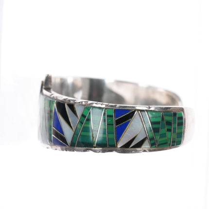 6 3/8" Sterling, Lapis, Malachite, shell channel inlay cuff bracelet