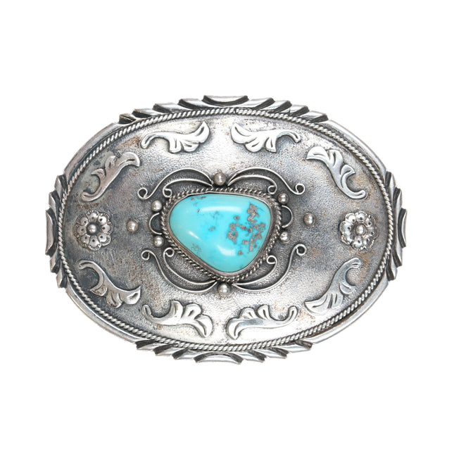 Vintage Navajo sterling fancy belt buckle with nice turquoise