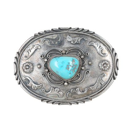 Vintage Navajo sterling fancy belt buckle with nice turquoise