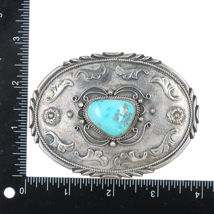 Vintage Navajo sterling fancy belt buckle with nice turquoise