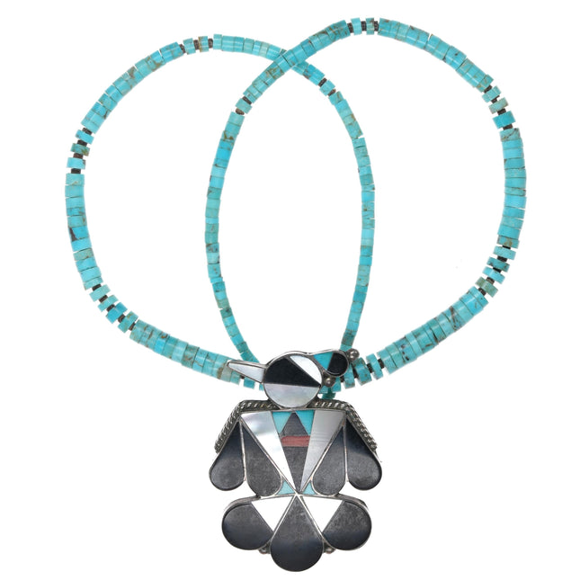 A Dishta Zuni sterling thunderbird pendant/pin on turquoise heishi necklace