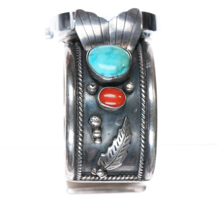 7.25" Roy Vandever Navajo 70's Sterling turquoise, Coral watch cuff Waltham