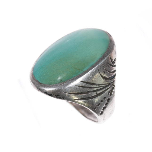 sz11 Vintage Native American hand tooled silver ring with turquoise