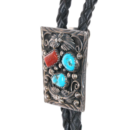 70's-80's Navajo sterling, turquoise, coral bolo tie