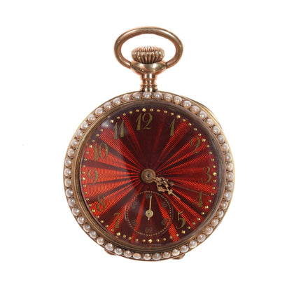 c1890 14k gold red enamel/pearl Ladies pocket watch Harris Schafer DC