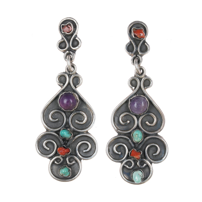 Vintage Mexico City Matl Style sterling earrings - turquoise/coral/amethyst