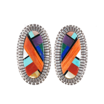 Ray Jack Navajo Sterling multi-stone intarsia inlay clip-on earrings