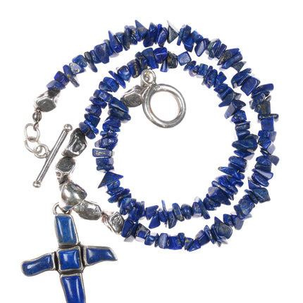 16" Retro Southwestern sterling and lapis freeform cross necklace.