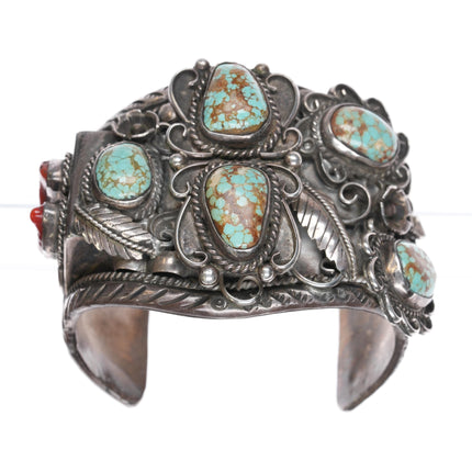 7.5" Delores Paul Yazzie (1935-2024) Navajo silver #8 Turquoise coral cuff bracelet