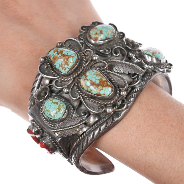 7.5" Delores Paul Yazzie (1935-2024) Navajo silver #8 Turquoise coral cuff bracelet