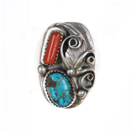 sz10.25 1970's Navajo Sterling, turquoise and coral ring