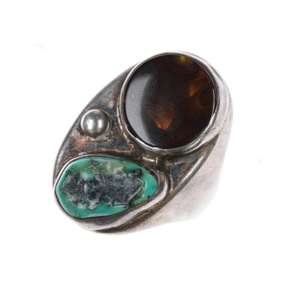 sz11.75 1970's Navajo sterling turquoise, fire agate ring