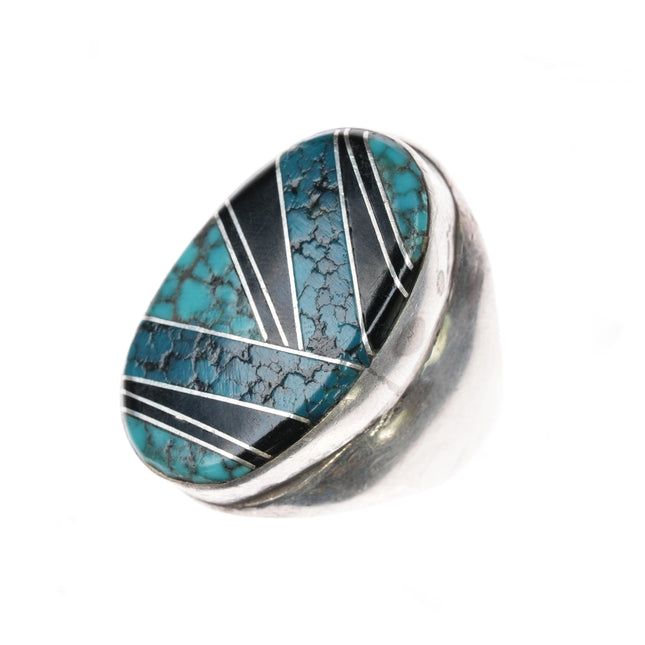 sz10 Vintage Native American silver channel inlay turquoise/onyx ring