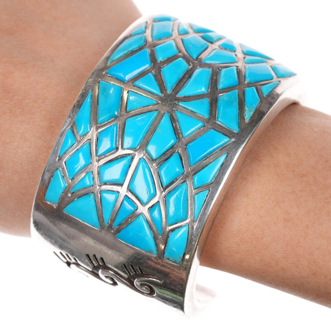 6.25" Joe Begay Navajo Sleeping Beauty turquoise inlay sterling cuff bracelet