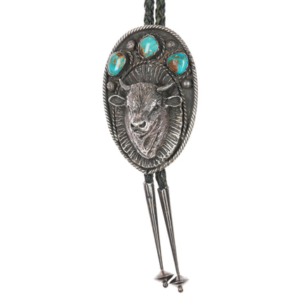 large 50's-60's Native American sterling and turquoise buffalo bolo tie