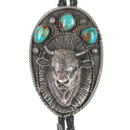 large 50's-60's Native American sterling and turquoise buffalo bolo tie