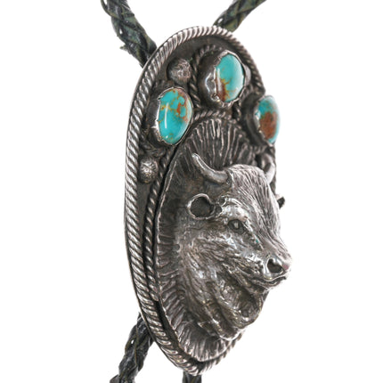 large 50's-60's Native American sterling and turquoise buffalo bolo tie