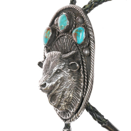 large 50's-60's Native American sterling and turquoise buffalo bolo tie