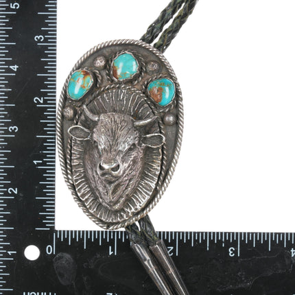 large 50's-60's Native American sterling and turquoise buffalo bolo tie