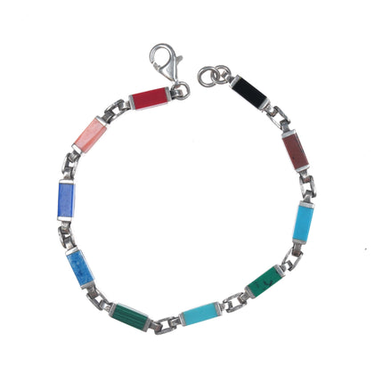 7" Retro Sterling multi-stone inlay link bracelet