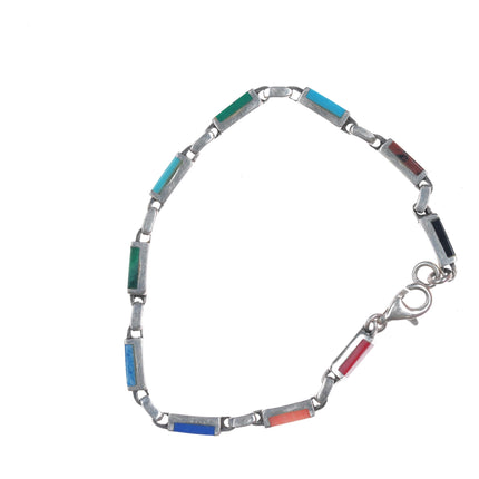 7" Retro Sterling multi-stone inlay link bracelet