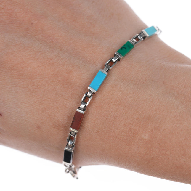 7" Retro Sterling multi-stone inlay link bracelet