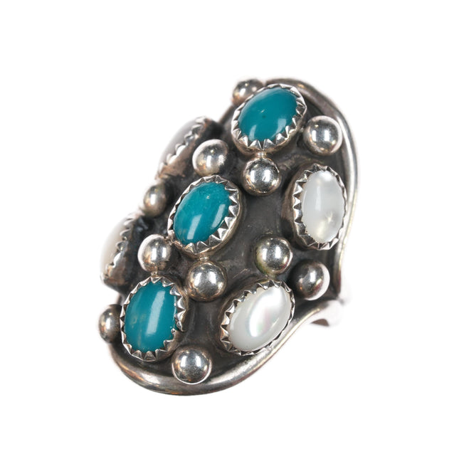 sz6 J Roybal Navajo sterling, turquoise, and mother of pearl ring