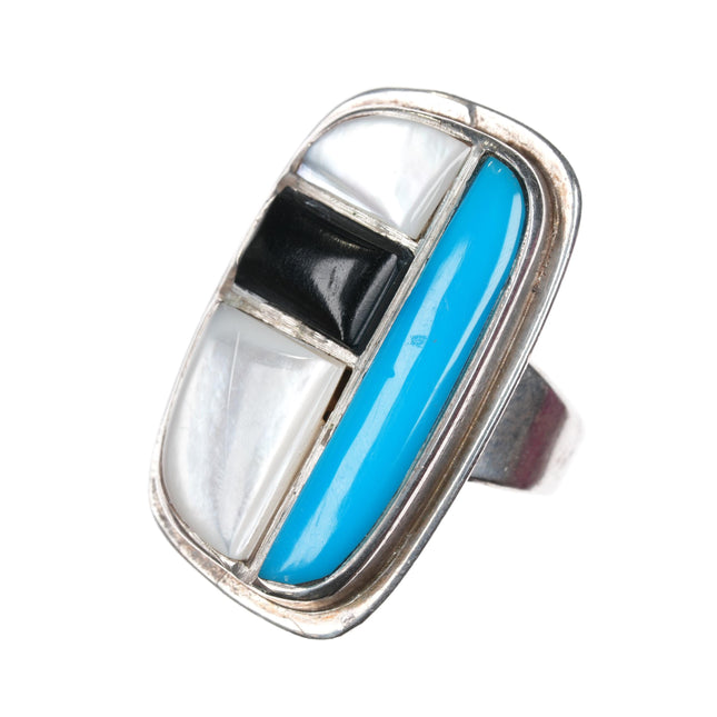 Sz9 Vintage Native American sterling turquoise, shell, and jet cobblestone ring