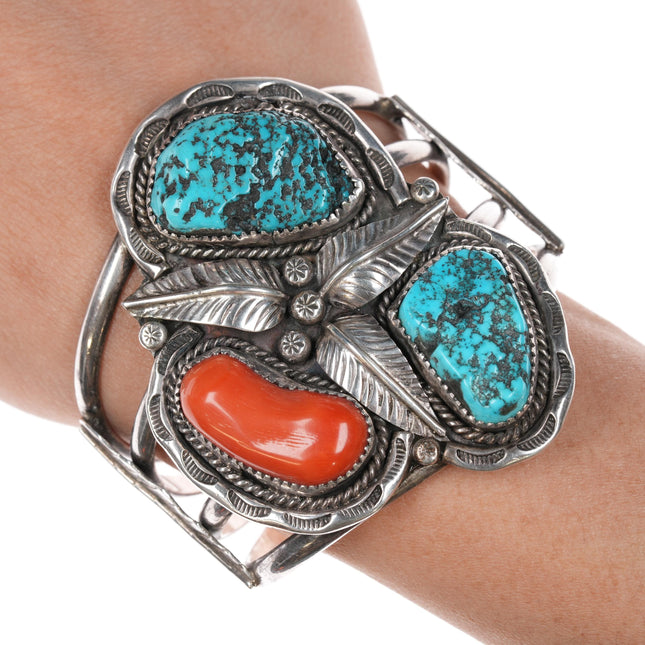 6 1/8" 60's-70's Navajo large sterling cuff bracelet with turquoise/coral