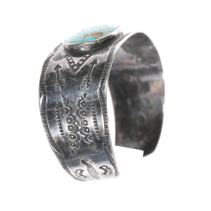 6 3/8" Vintage Fred Harvey Navajo hand stamped silver cuff bracelet turquoise