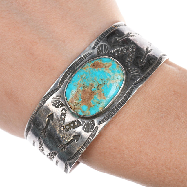 6 3/8" Vintage Fred Harvey Navajo hand stamped silver cuff bracelet turquoise