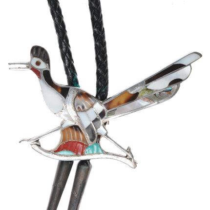 c1960 Zuni Roadrunner sterling carved stone inlay bolo tie