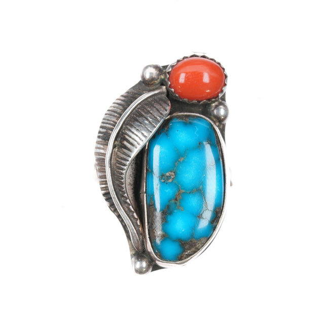 sz7.25 Vintage Native American sterling high grade turquoise, coral ring