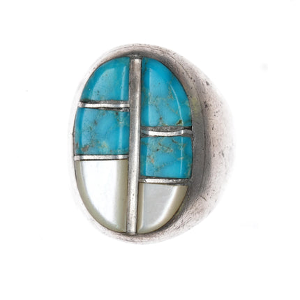 Vintage Zuni sterling turquoise and shell inlay ring