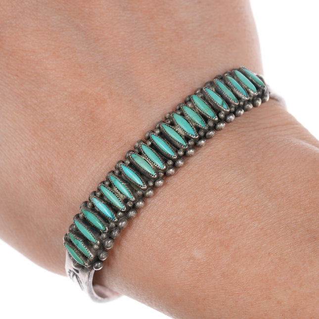 6" 30's-40's Zuni silver needlepoint turquoise row cuff bracelet