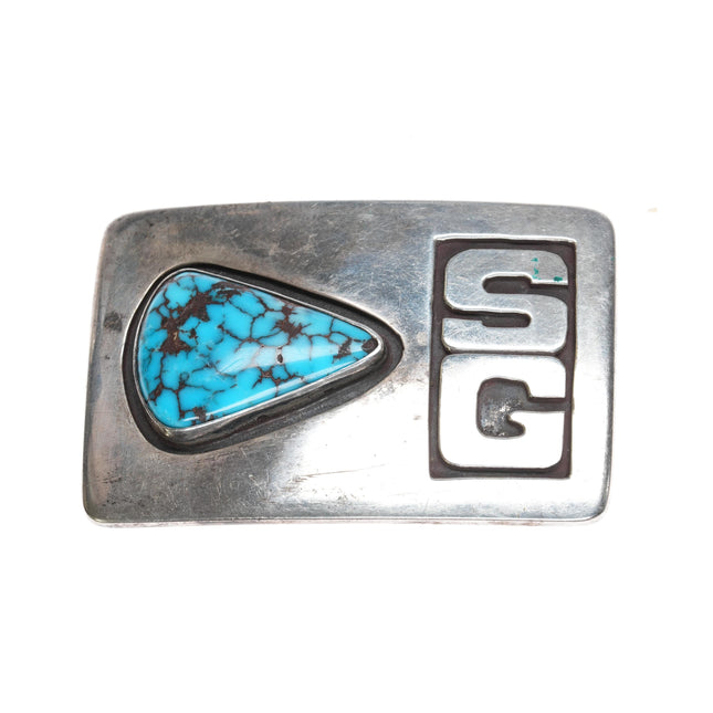 Vintage SG Initial High grade turquoise Elias sterling modernist belt buckle