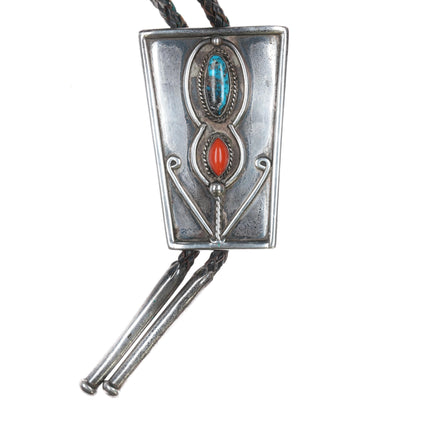 c1960 Large Navajo sterling, turquoise, and coral floriform bolo tie