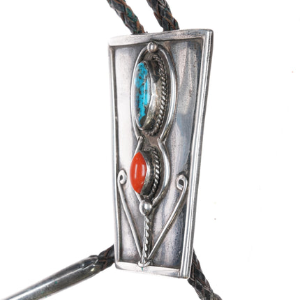 c1960 Large Navajo sterling, turquoise, and coral floriform bolo tie