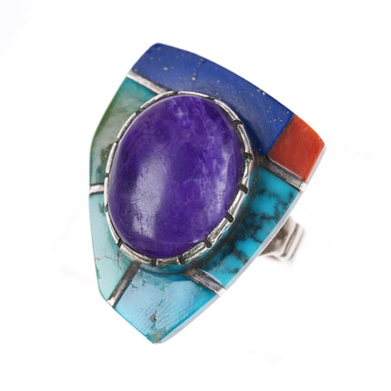 sz8 1980's Edward Zuni Sterling sugilite gem turquoise, coral, lapis ring