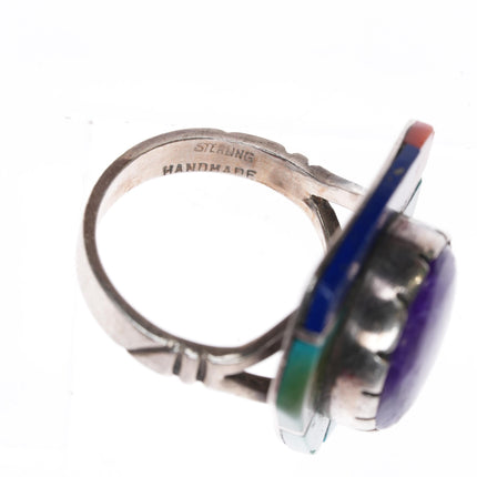 sz8 1980's Edward Zuni Sterling sugilite gem turquoise, coral, lapis ring