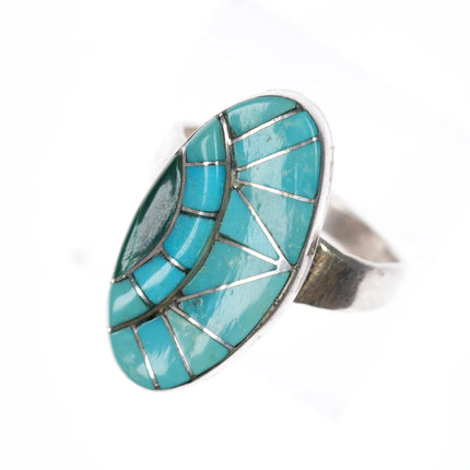 sz9.25 Vintage Zuni Sterling, turquoise, and malachite channel inlay ring