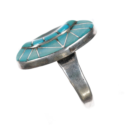 sz9.25 Vintage Zuni Sterling, turquoise, and malachite channel inlay ring