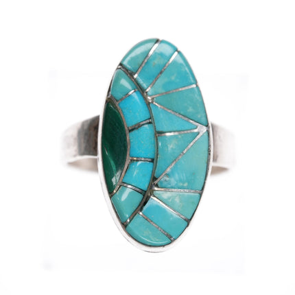 sz9.25 Vintage Zuni Sterling, turquoise, and malachite channel inlay ring