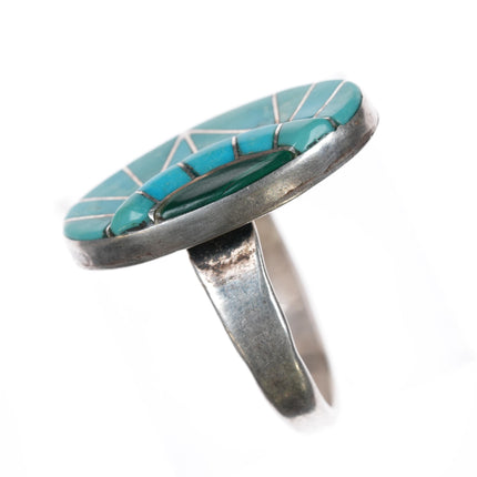 sz9.25 Vintage Zuni Sterling, turquoise, and malachite channel inlay ring