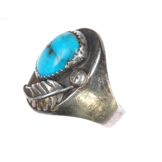 sz9 Vintage Navajo sterling turquoise ring with feather