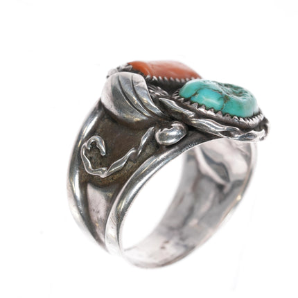 sz15 Large Navajo sterling, turquoise, and coral ring 60's-70's.